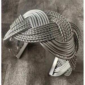 Silver Tone Woven Braided Wide Cuff Bracelet Womens Statement Fashion Jewelry